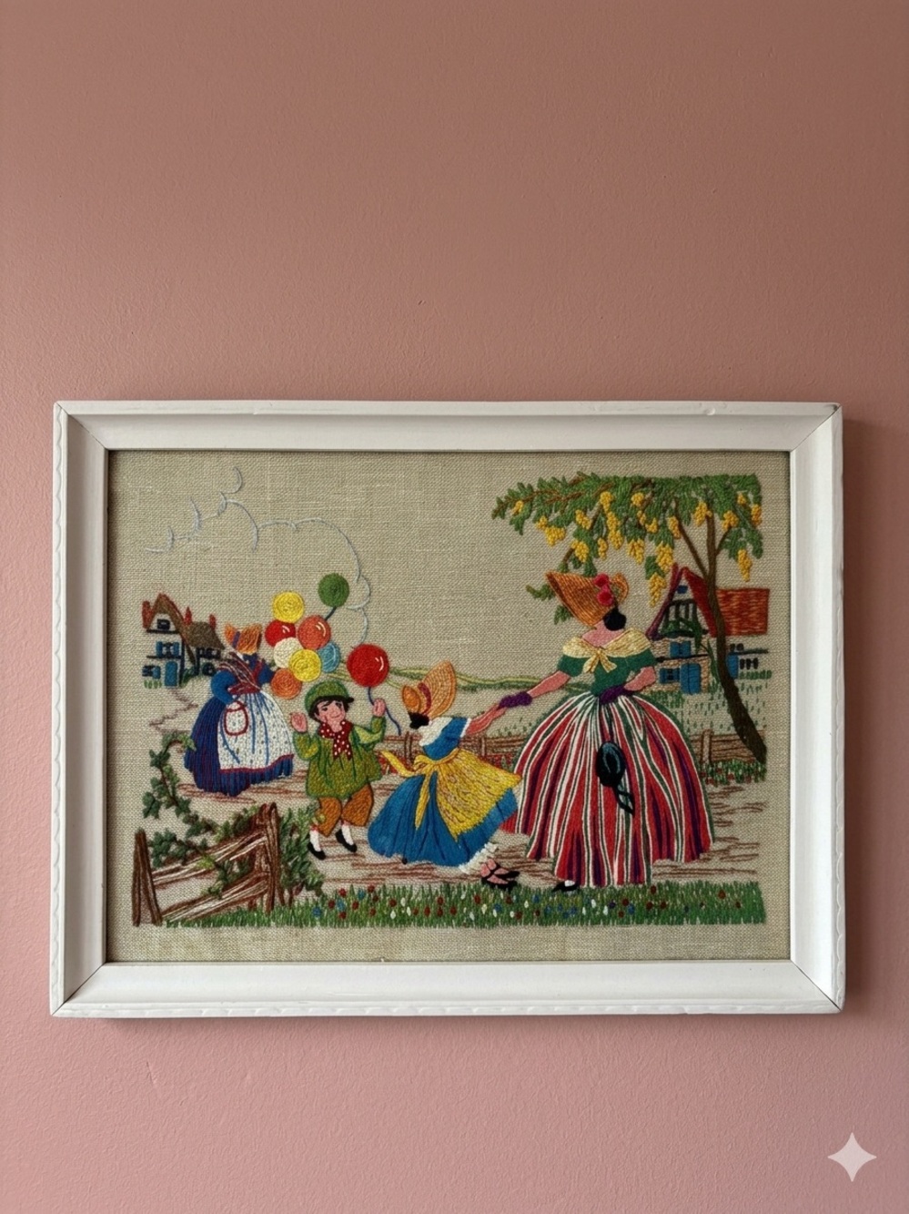Vintage Faux Embroidery Framed Art Print 26x33 cm Cottagecore Wall Decor